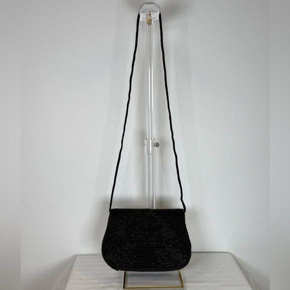 Sak’s Fifth Avenue Black Beaded Evening Bag Purse Clutch Magnetic Closure - Picture 6 of 11